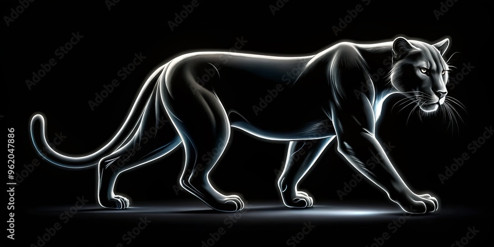 Fototapeta premium Silhouetted Panther with Glowing Outline, Digital Art, Black Background, Panther, Animal, Night
