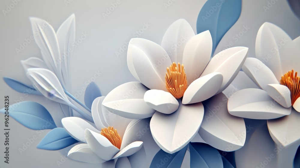 Fototapeta premium Beautiful white flowers with blue leaves, creating a serene and elegant visual perfect for nature-themed projects.