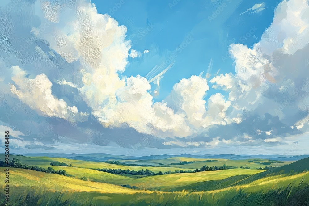 Obraz premium Rolling Green Hills Under a Blue Sky with White Clouds