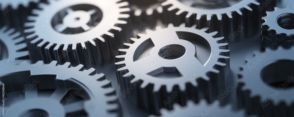 Close-up of metallic gears showcasing intricate details, ideal for illustrating mechanics, engineering, or technology themes. Close-up of metallic gears showcasing intricate details, ideal for illustrating mechanics, engineering, or technology themes.
