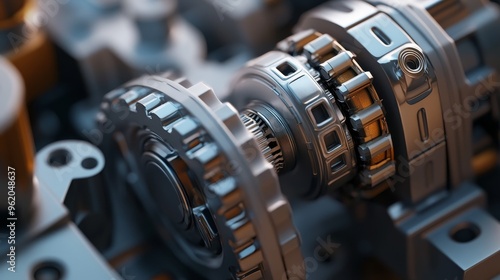 Close-up of mechanical gears showcasing intricate design and precision engineering in a modern assembly. photo