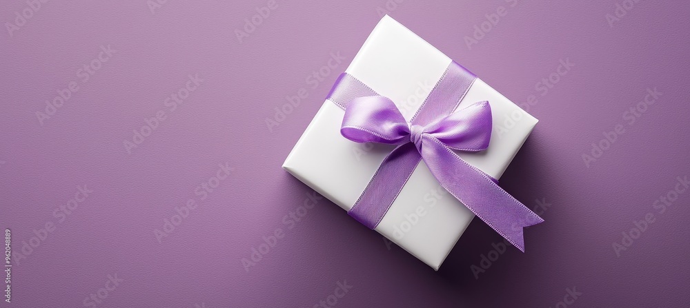 Elegant White Gift Box with Lavender Ribbon on Lavender Background for Celebratory Design and Print Elegant White Gift Box with Lavender Ribbon on Lavender Background for Celebratory Design and Print