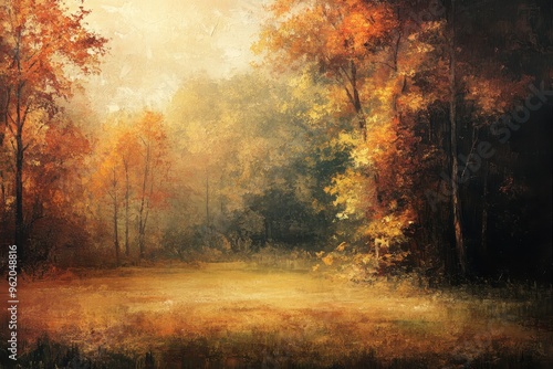 An Impressionistic Oil Painting of a Golden Autumn Forest
