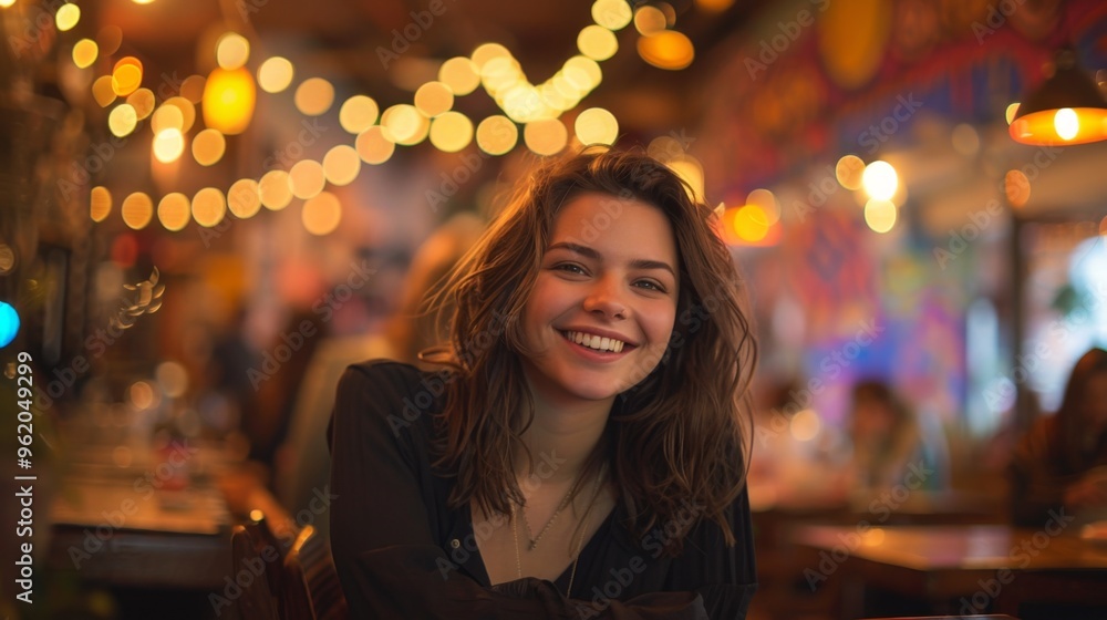 Radiant Smiling Woman in Cozy Cafe with Warm Lighting Radiant Smiling Woman in Cozy Cafe with Warm Lighting