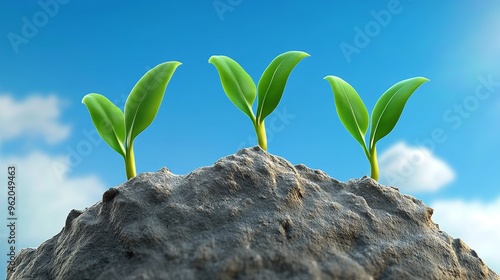 Fresh green sprouts emerging from soil under a bright blue sky, symbolizing growth and new beginnings in nature. photo