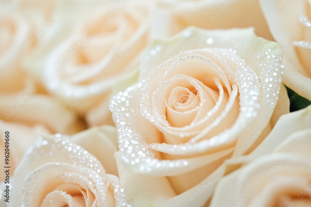 Close-up of many roses covered in shiny diamonds, shimmering and glittery, in a beige color theme. Close-up of many roses covered in shiny diamonds, shimmering and glittery, in a beige color theme.