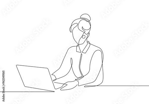 Businesswoman Working Silhouette Continuous One Line Vector Illustration. Abstract Black Sketch Illustration of Businesswoman with Laptop for Minimalist Design.