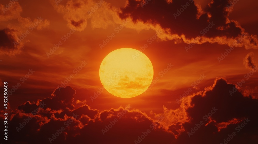 A beautiful sun rising between clouds in a close-up of warm tones. Sun partially obscured by clouds in a natural landscape. A beautiful sun rising between clouds in a close-up of warm tones. Sun partially obscured by clouds in a natural landscape.