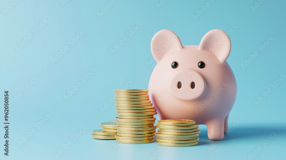 © Tendo - cute pink piggy bank with a stack of gold coins on a light blue background. Concept of saving money for the future or family budget.