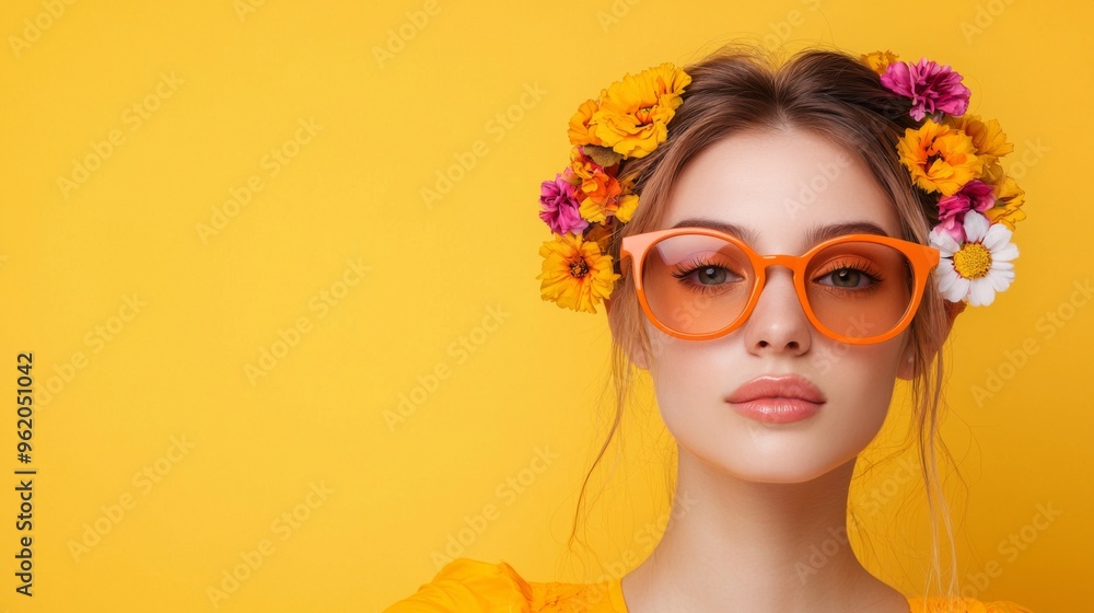 Fototapeta premium Vibrant Pop Art Portrait of a Young Woman in Orange Sunglasses Against a Colorful Background with Floral Accents, Bold Hues and Dynamic Brushwork