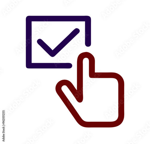 Hand selecting a check mark icon. Crimson and navy colors