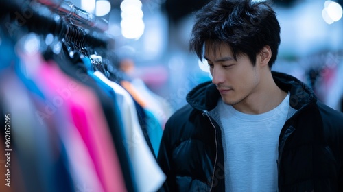 Fashion-savvy gentleman browsing apparel, showcasing a keen sense of style, vibrant colors of clothing, and confident demeanor in a bustling shopping environment.