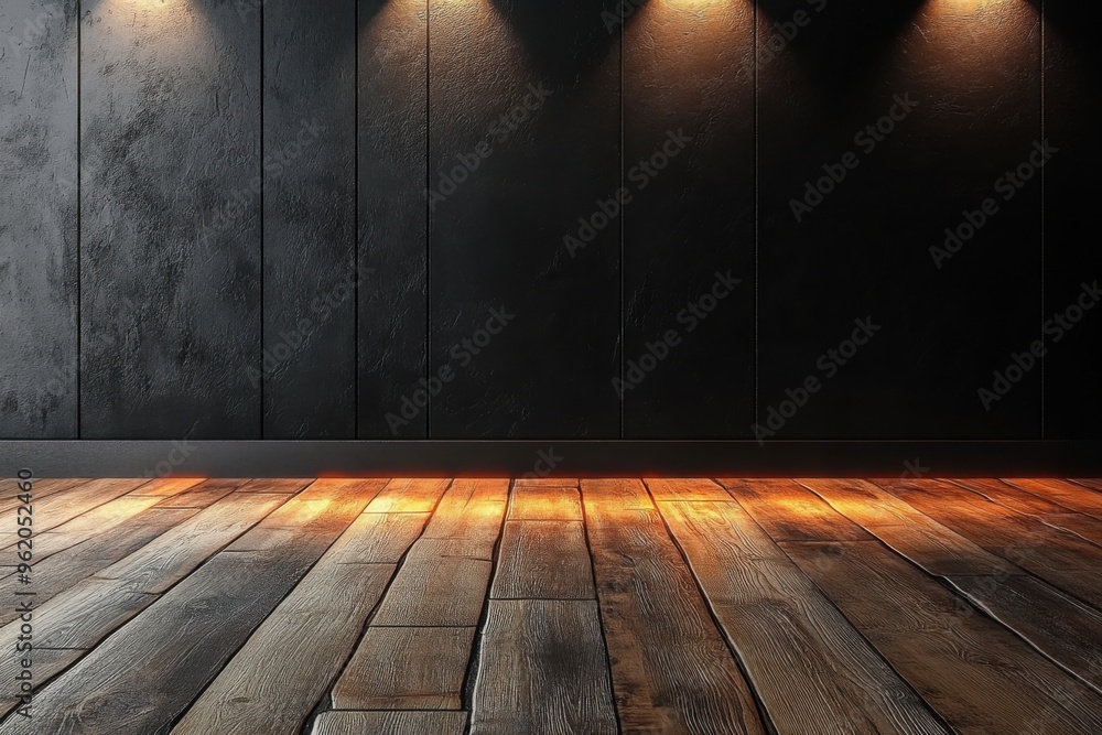 Wood floor with dark black wall and lighting for present product Wood floor with dark black wall and lighting for present product