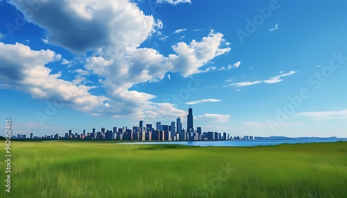 On the vast grassland, in the distance is a peaceful city skyline. The blue sky meets the earth, showing the harmony between beautiful nature and the city. photo