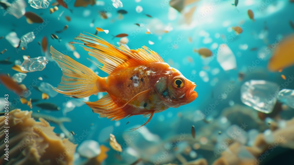 Fototapeta premium A beautifully detailed 3D illustration of an orange fish swimming through a polluted ocean environment, surrounded by plastic debris and marine waste. The image raises awareness about the impact of