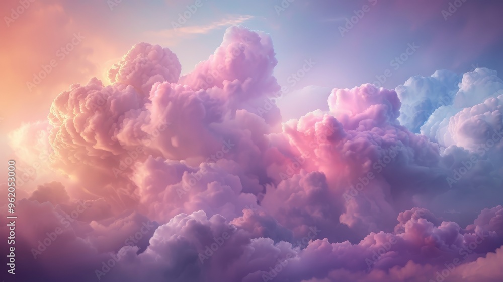The sky is filled with fluffy clouds of different colors, creating a dreamy The sky is filled with fluffy clouds of different colors, creating a dreamy