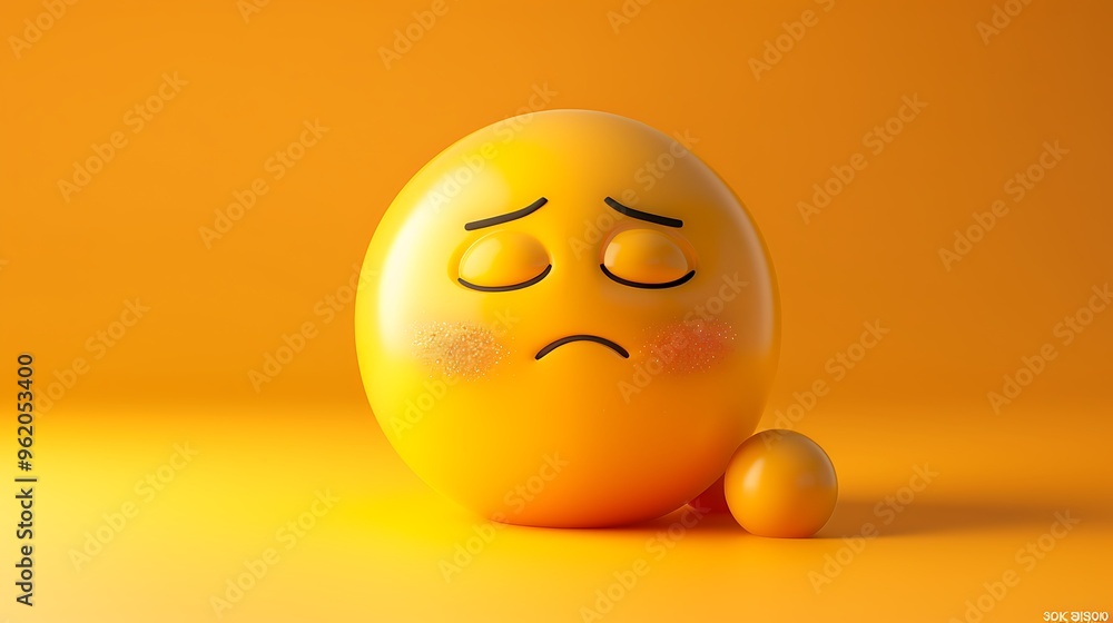 Fototapeta premium 3D yellow emoji feeling shy, closed eyes, blushing, yellow gradient