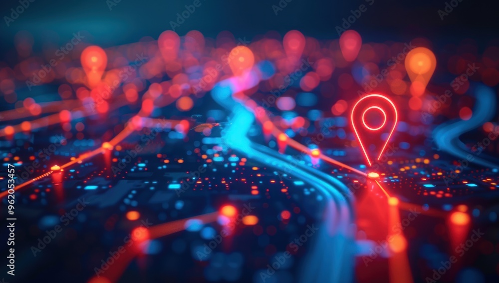 Neon Cityscape with Location Pin Neon Cityscape with Location Pin