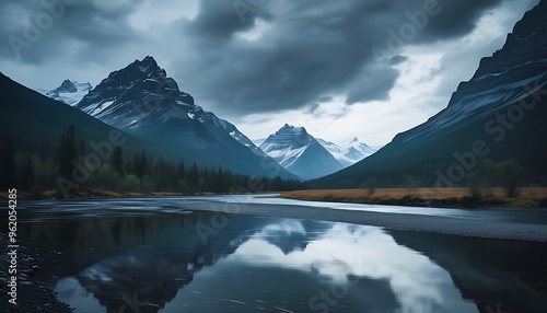 The mountains and rivers set off against each other under the gloomy sky, showing the grandeur and mystery of nature.