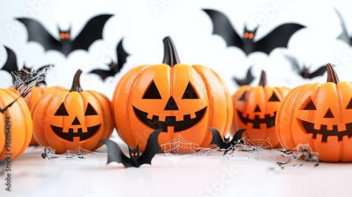 Close up of jack-o'-lanterns with bats and cobwebs on a white background.