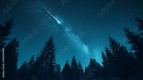 A comet streaked across the starry night sky, with a pine forest below photo