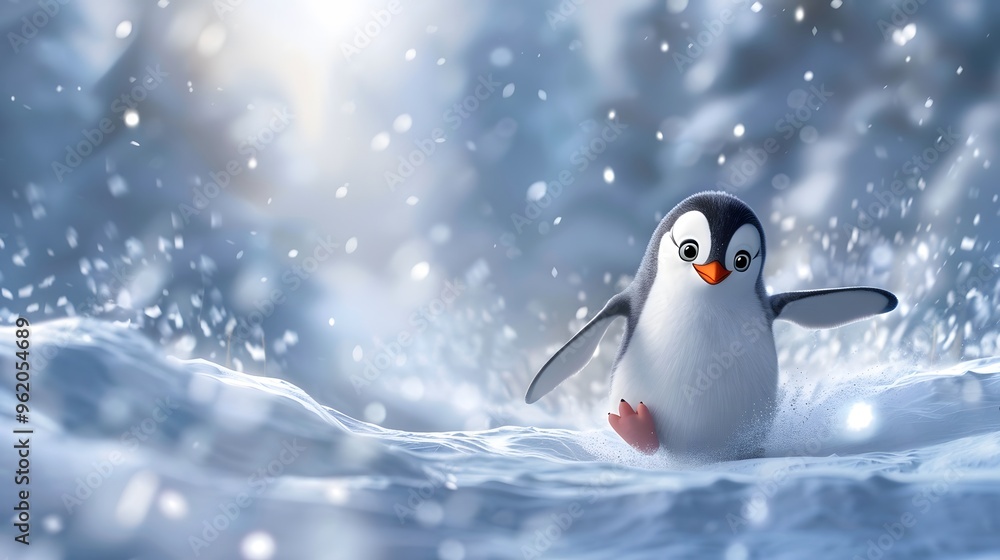 Fototapeta premium Happy Penguin Walking in Snowy Winter Wonderland