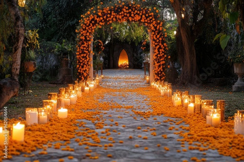 Candlelit path covered in marigold petals, leading through a floral arch at dusk