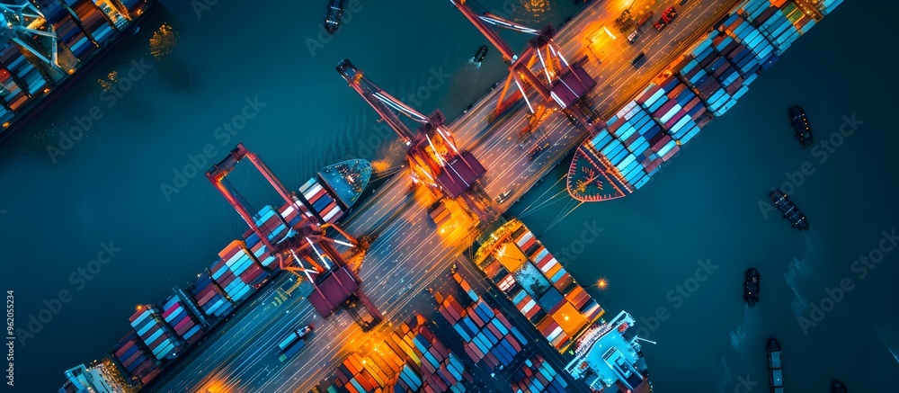 A vibrant aerial shot of a cargo port at night, showing container ships, cranes, and illuminated shipping lanes. A vibrant aerial shot of a cargo port at night, showing container ships, cranes, and illuminated shipping lanes.