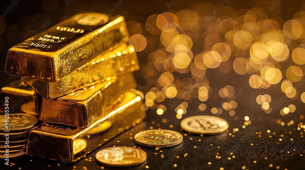 A stack of gold bars and coins on a table A stack of gold bars and coins on a table