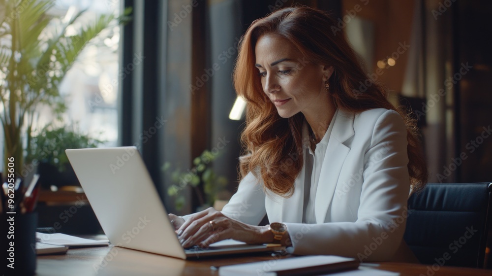 Businesswoman in a corporate setting, working on a laptop. Businesswoman in a corporate setting, working on a laptop.