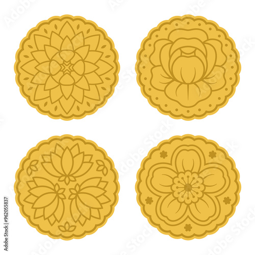Vector of Mooncake in flower pattern design for Chinese Mid-Autumn festival. Set of flowers pattern; lotus, peony and plum blossom.
