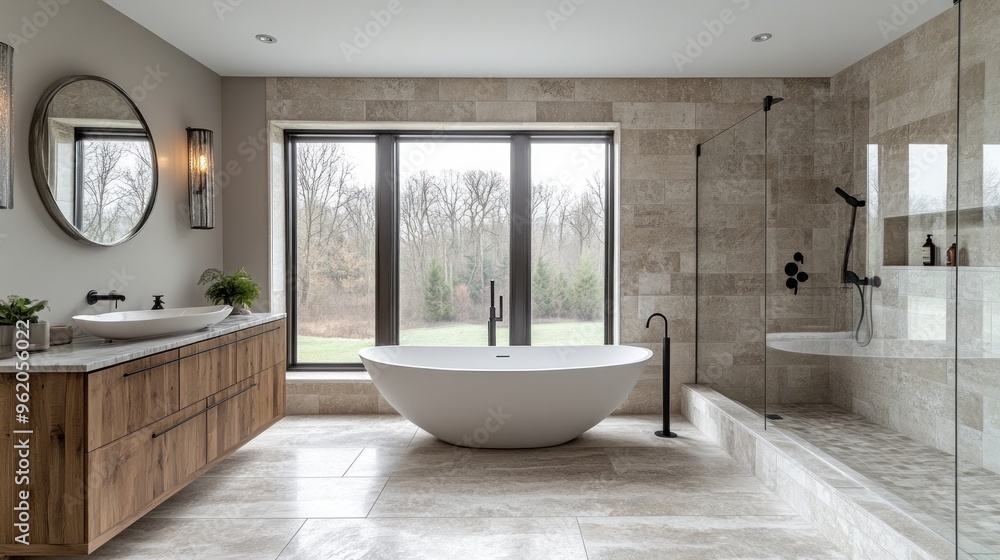 Modern bathroom with a freestanding tub and large windows. Modern bathroom with a freestanding tub and large windows.