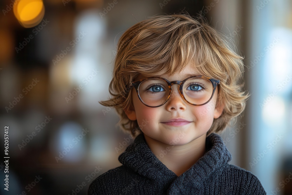 endearing portrait of a curious young boy with oversized glasses warm smile and inquisitive gaze set against a softfocus background endearing portrait of a curious young boy with oversized glasses warm smile and inquisitive gaze set against a softfocus background