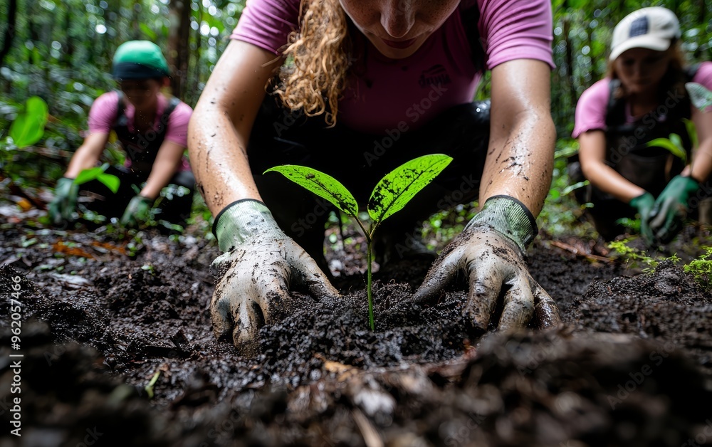 A photostock image of a team planting trees in a dense forest to restore the ecosystem, ideal for reforestation campaigns A photostock image of a team planting trees in a dense forest to restore the ecosystem, ideal for reforestation campaigns