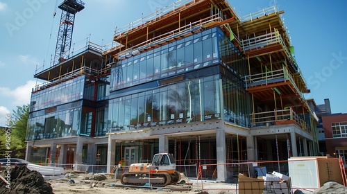 A construction site featuring a modern building with glass facades and scaffolding.