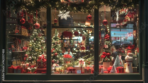 Festive Christmas Retail Display with Wreaths, Lights, and Decorated Tree for Holiday Shopping