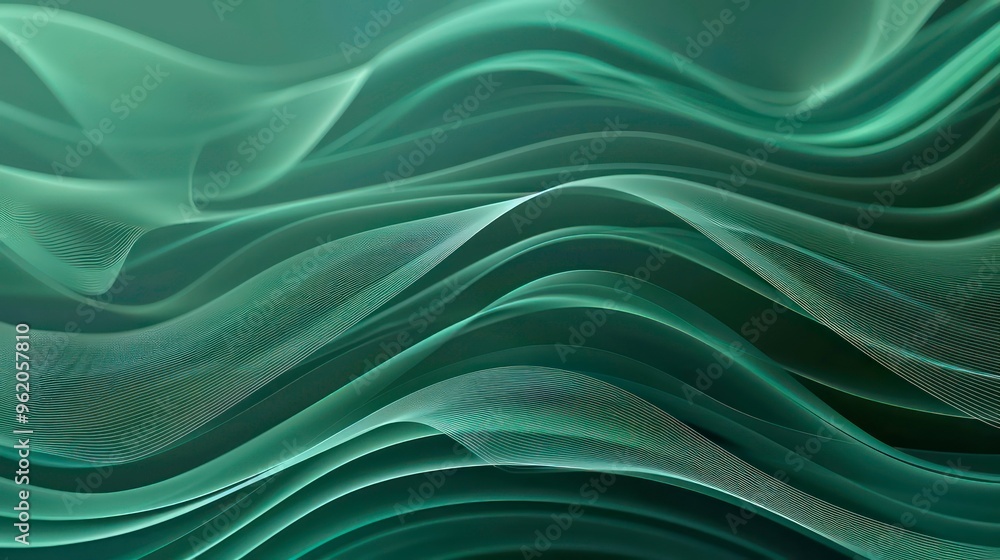 Obraz premium Abstract green waves with a mesh pattern, dark background.