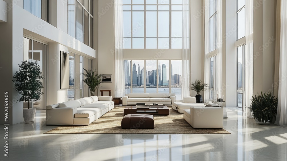 Fototapeta premium 3D illustration of a luxury modern living room with bright, spacious interiors, sleek decor, and large floor-to-ceiling windows, creating an airy and elegant ambiance