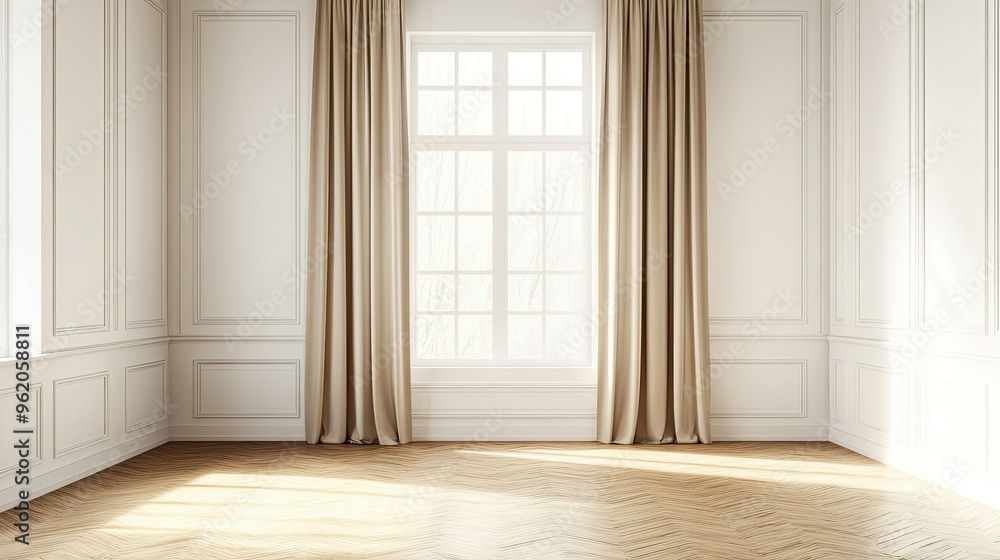3D illustration of an empty space with a white wall, parquet floor, and a wide window covered by white vitrage, flanked by three beige curtains elegantly drawn to the sides 3D illustration of an empty space with a white wall, parquet floor, and a wide window covered by white vitrage, flanked by three beige curtains elegantly drawn to the sides