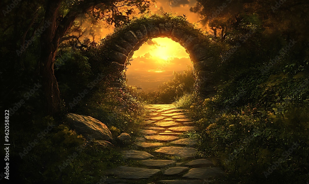 Obraz premium Stone Archway Leading to a Sunset View in a Lush Forest