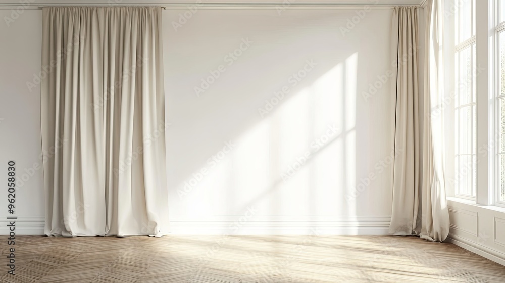 3D illustration of an empty space with a white wall, parquet floor, and a wide window covered by white vitrage, flanked by three beige curtains elegantly drawn to the sides 3D illustration of an empty space with a white wall, parquet floor, and a wide window covered by white vitrage, flanked by three beige curtains elegantly drawn to the sides