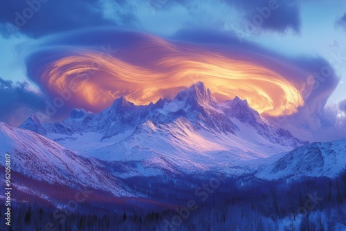 ethereal alpine twilight swirling iridescent clouds embrace snowcapped mountain peaks at dusk otherworldly pastel hues paint the sky as golden light fades to indigo shadows