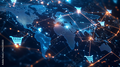 Glowing global map with digital shopping carts, online retail network, futuristic e-commerce connections
