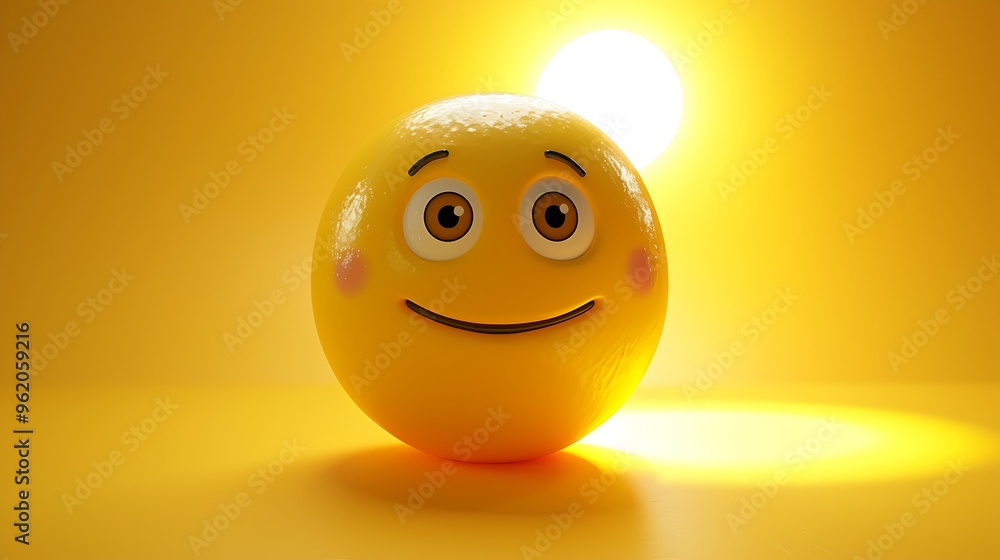 Fototapeta premium 3D yellow emoji with content expression, slight smile, yellow gradient backdrop