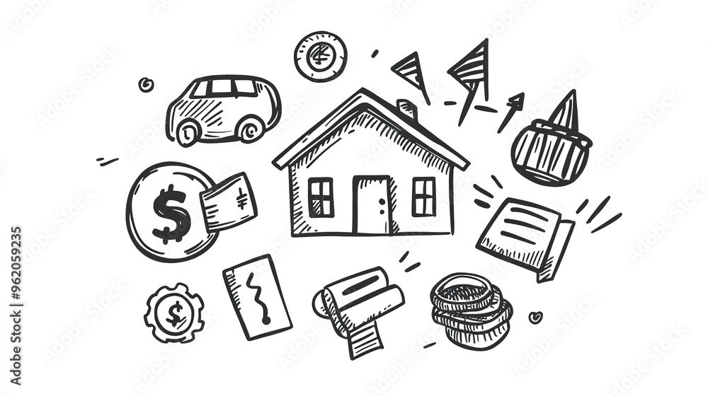 Loan interest rate doodle icon set. Hand drawn sketch doodle line style bank money loan interest rate icon for house, car discount percentage concept. Trendy cute element. Vector illustration Loan interest rate doodle icon set. Hand drawn sketch doodle line style bank money loan interest rate icon for house, car discount percentage concept. Trendy cute element. Vector illustration