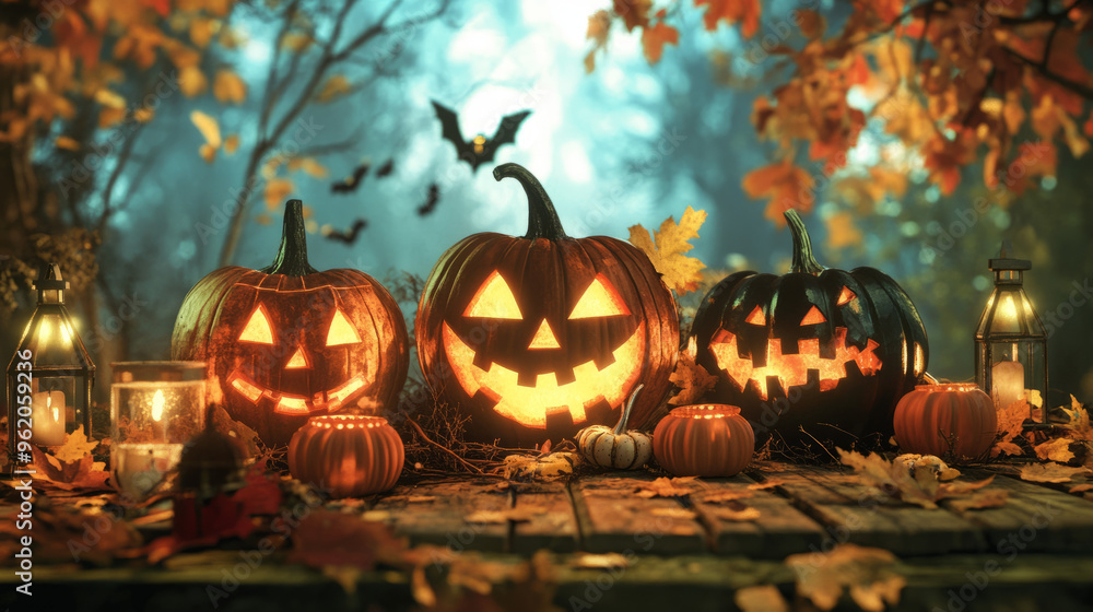 Fototapeta premium Halloween pumpkins decorations and party supplies with lanterns, candles for a memorable celebration.Halloween is celebrated on October 31st with costumes, trick-or-treating, and spooky decorations