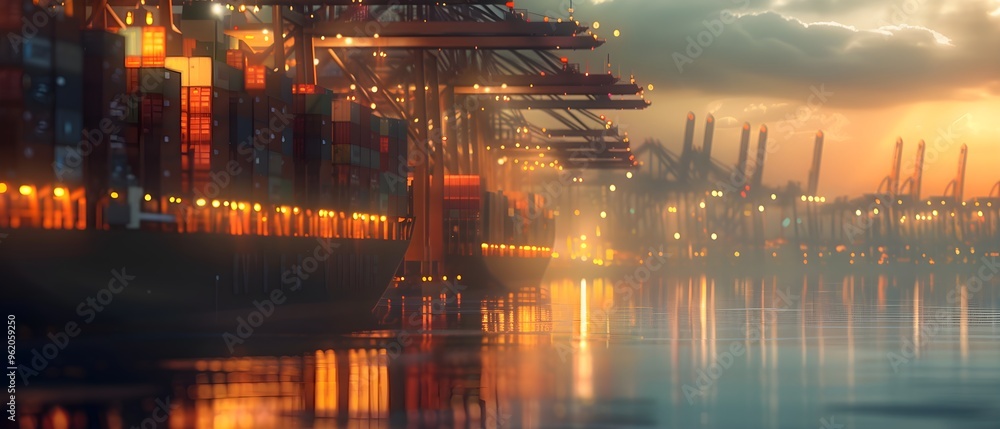 Obraz premium Large shipping containers being loaded onto ships at an industrial port during sunset, with illuminated cranes in view.