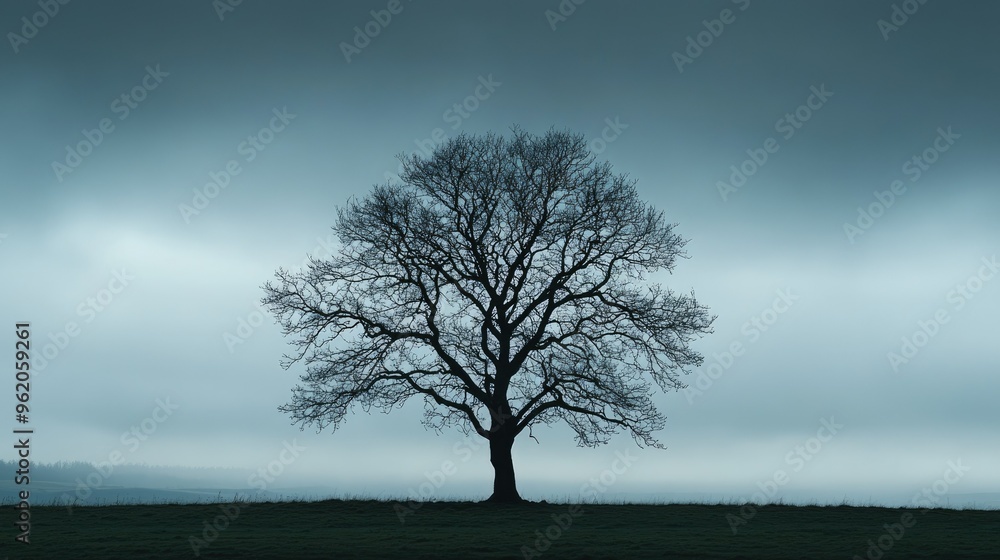 A bare tree in silhouette against a foreboding gray sky, perfect for moody or introspective scenes A bare tree in silhouette against a foreboding gray sky, perfect for moody or introspective scenes
