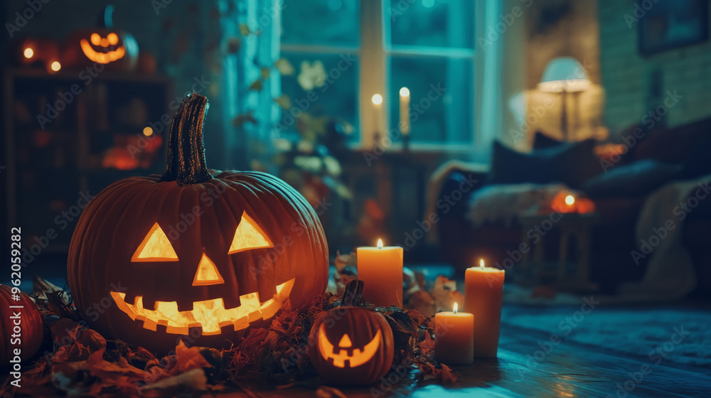 Fototapeta premium Halloween pumpkins decorations and party supplies with lanterns, candles for a memorable celebration.Halloween is celebrated on October 31st with costumes, trick-or-treating, and spooky decorations