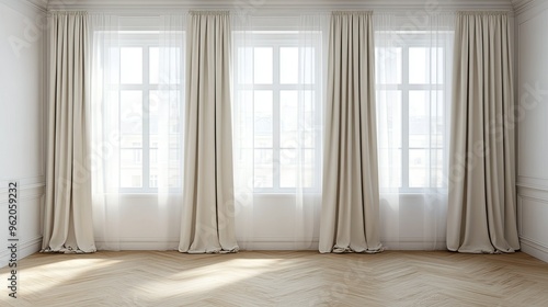 Wallpaper Mural 3D-rendered empty room with a clean white wall, parquet floor, and a wide window dressed with white vitrage, bordered by three softly draped beige curtains Torontodigital.ca